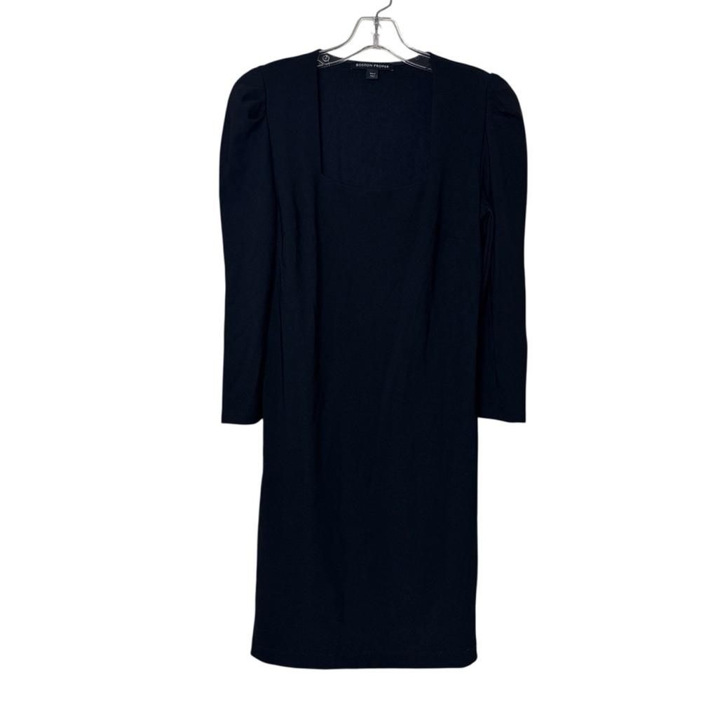Boston Proper Beyond Travel Square Neck Long Sleeve Puff Shoulders Dress Black S